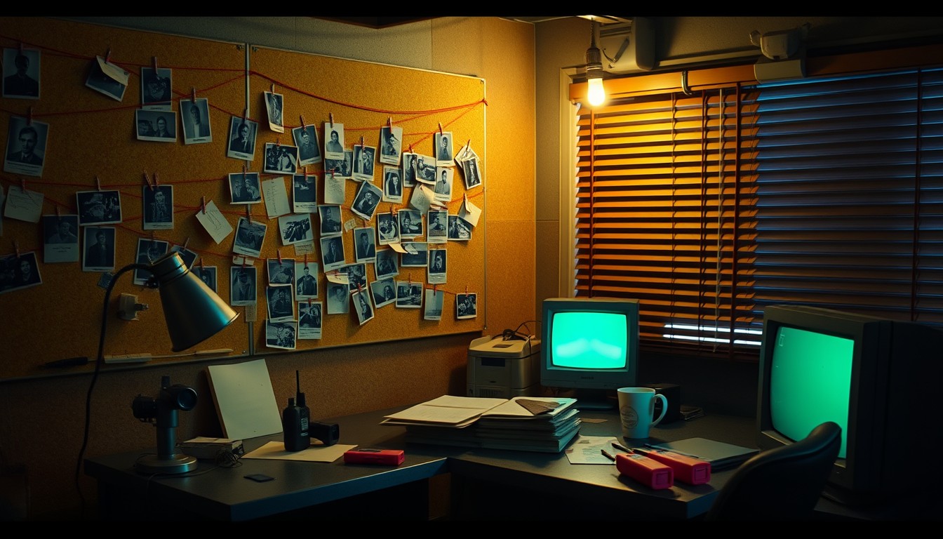 A makeshift detective headquarters at night with an evidence board