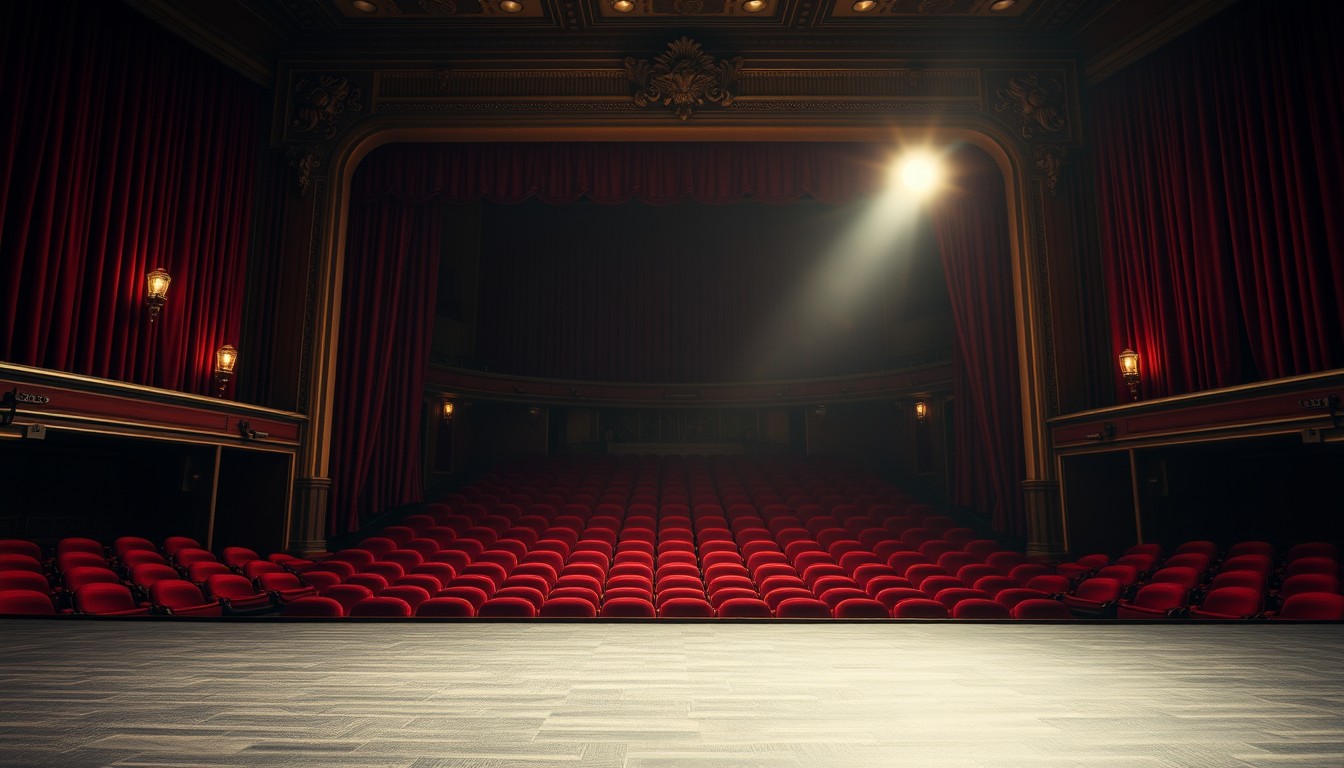 An empty theater seen from the stage, crimson curtains and a single spotlight