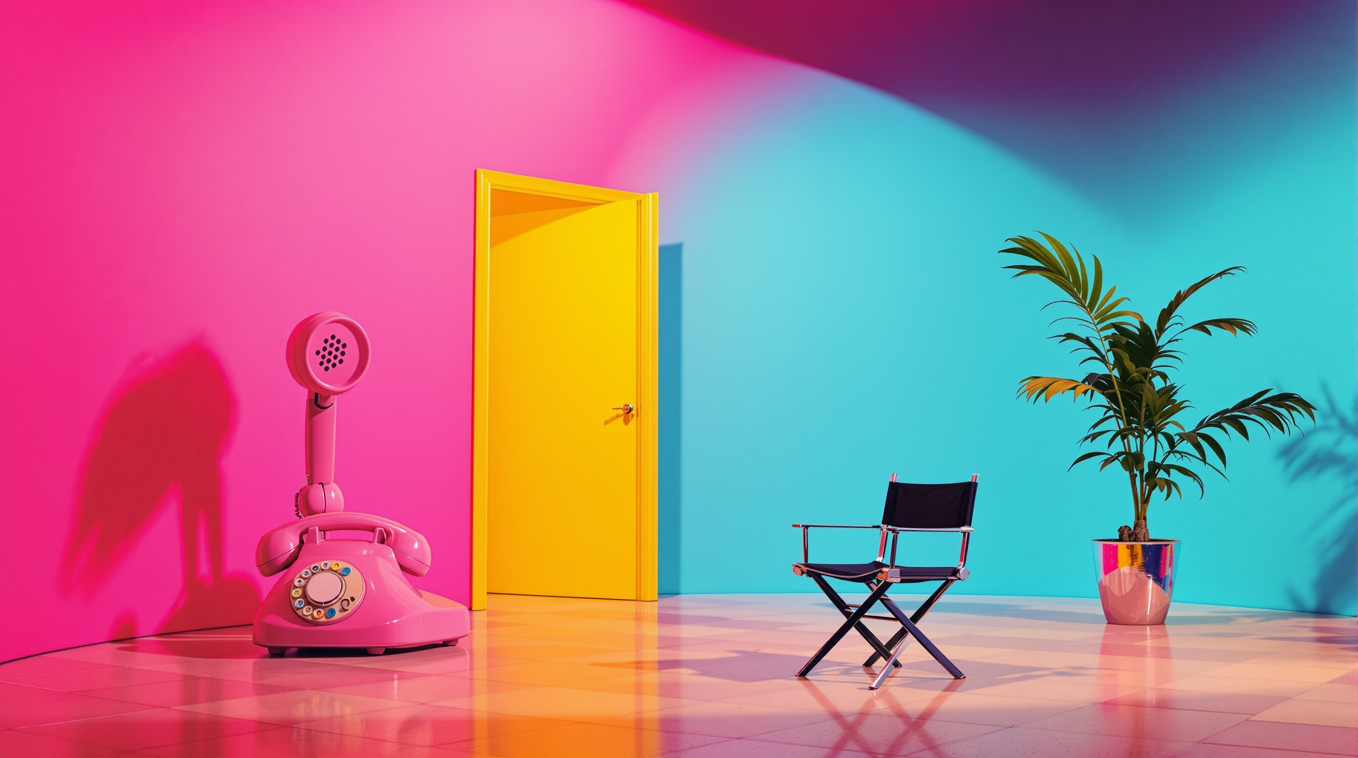 An empty surreal comedy soundstage in cyan and pink