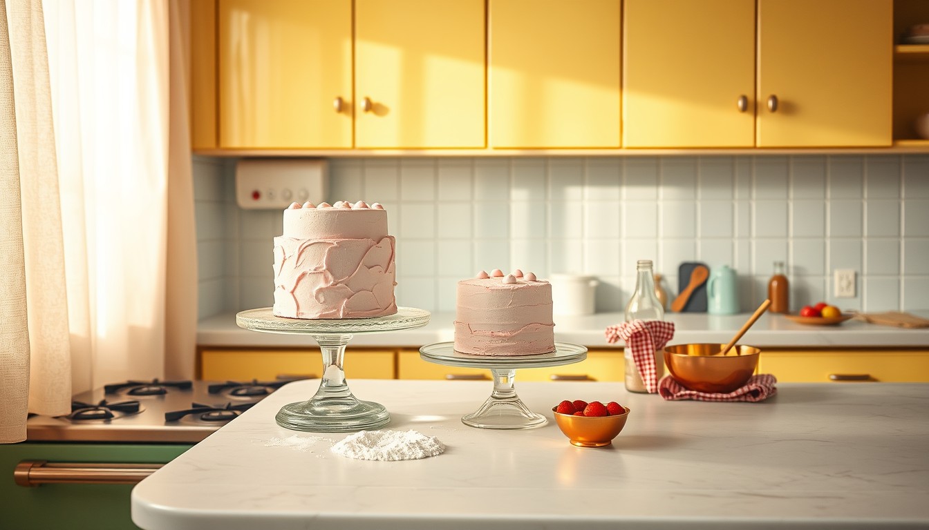 A vintage 1950s kitchen set with a pink frosted cake on a glass stand